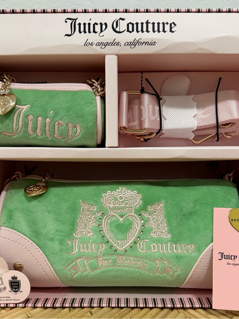 NWT - Juicy Couture HER MAJESTY Heritage Barrel Shoulder Bag Set in Velvet Green